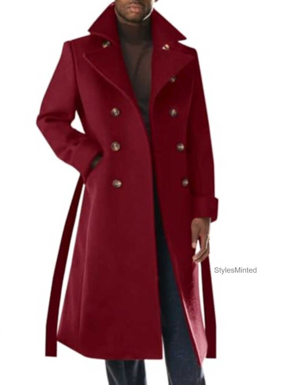 Men's Double Breasted Pea Coat Winter Overcoat with Belt 100% Polyester